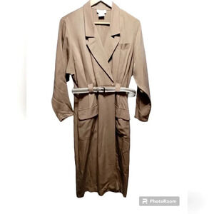 Vintage Ambria 100% Rayon Trench Coat Dress Tan Belted Maxi Duster Jacket 12